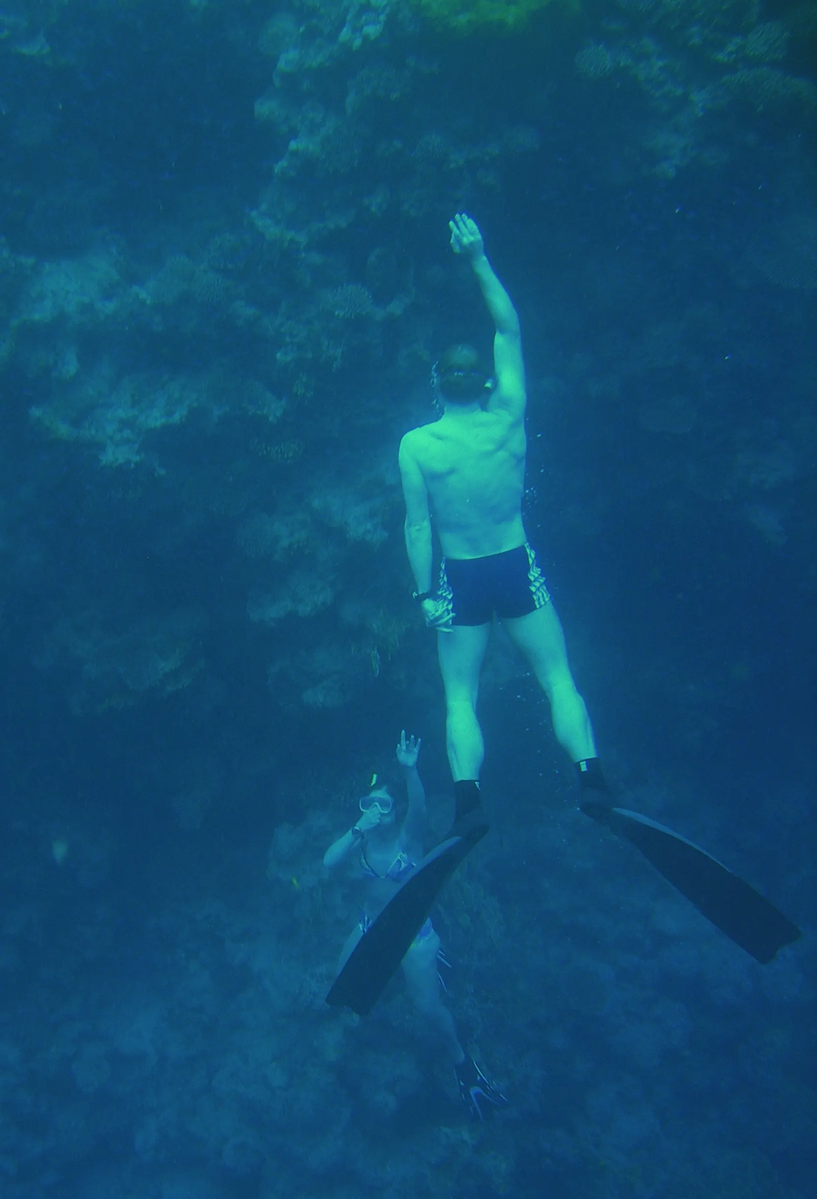 A freediver descending in the Blue Hole near Dahab, with a second diver below, in a photograph from 2006.