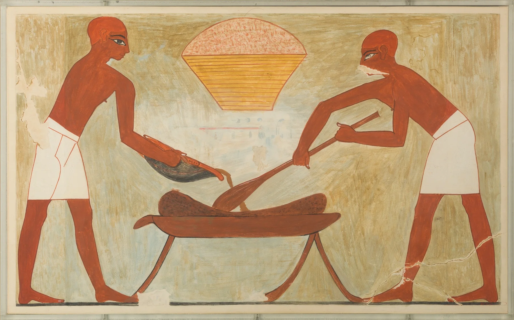 Painted facsimile: two men in white kilts at a trough on legs. One pours from a dark vessel onto a brown mass of dough; the other works it with a long paddle.