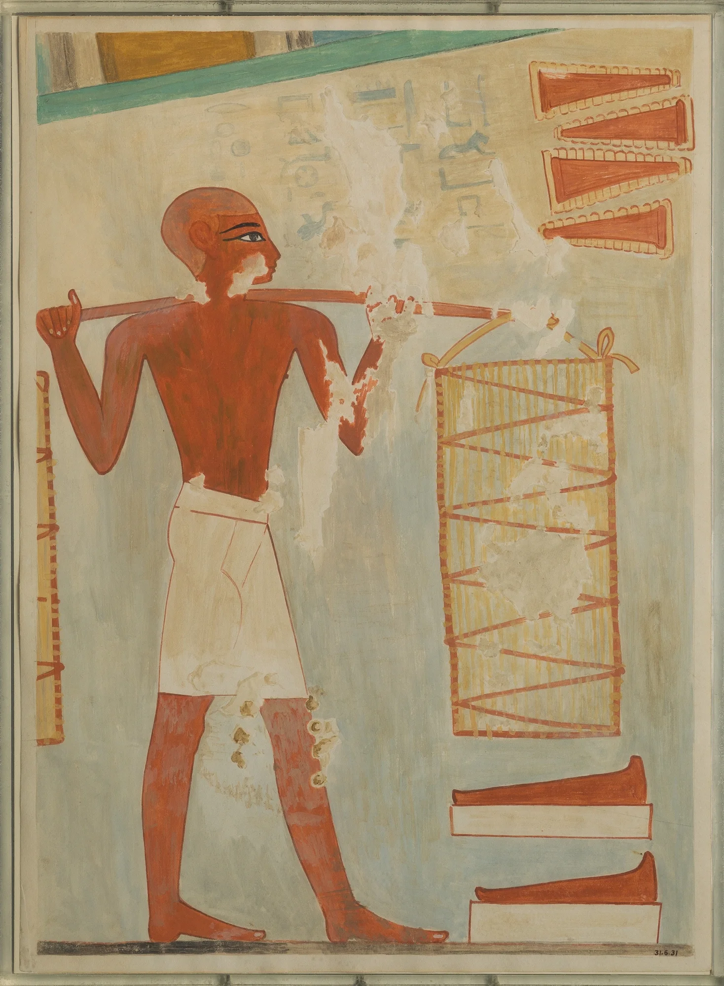 Painted facsimile: a man carries a pole on his shoulder with a tall lattice container hanging from it. Tall conical loaves are painted beside him.