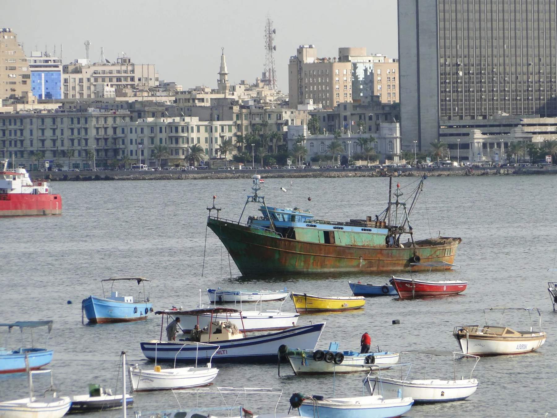 Small wooden fishing boats painted blue, white and red moored in Alexandria's Eastern Harbour, with the city's seafront buildings behind.