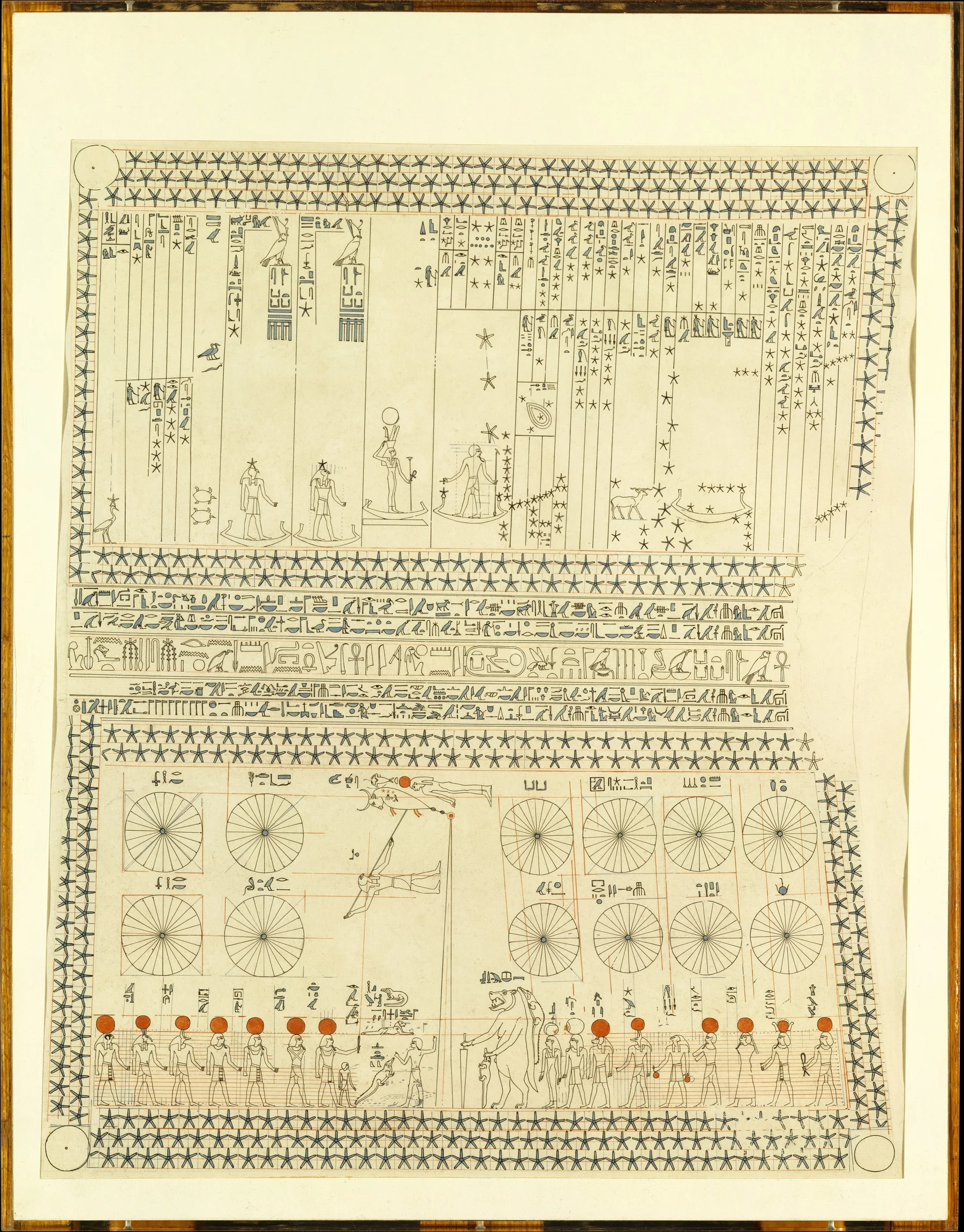 A drawn facsimile of a tomb ceiling: columns of signs, stars and figures in boats above, and twelve segmented circles over a row of figures below.