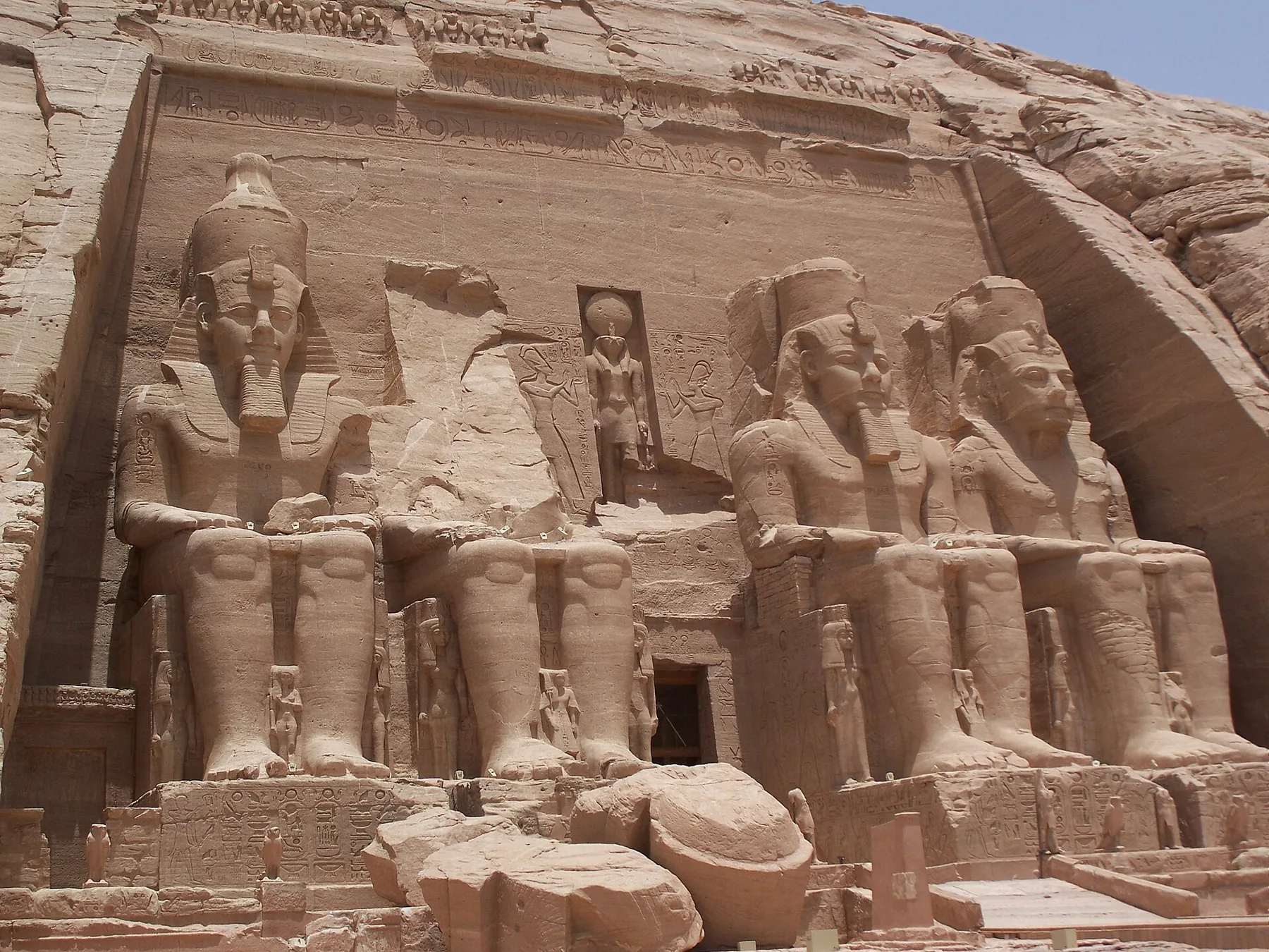 The four seated colossi of Ramesses II on the facade of the Great Temple at Abu Simbel.