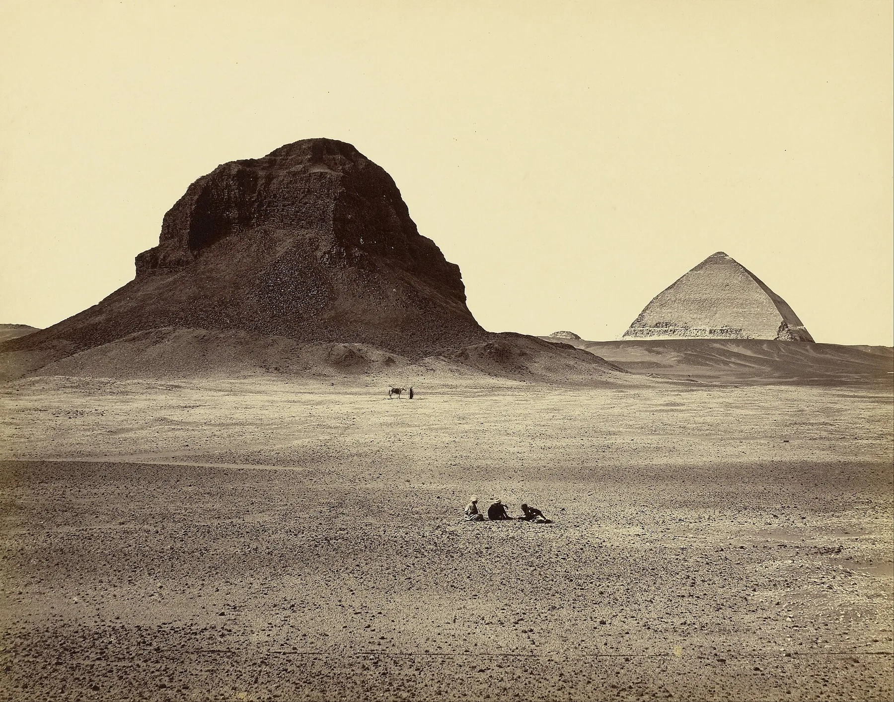 Two pyramids at Dahshur seen across the desert from the east, photographed by Francis Frith in the 1850s.
