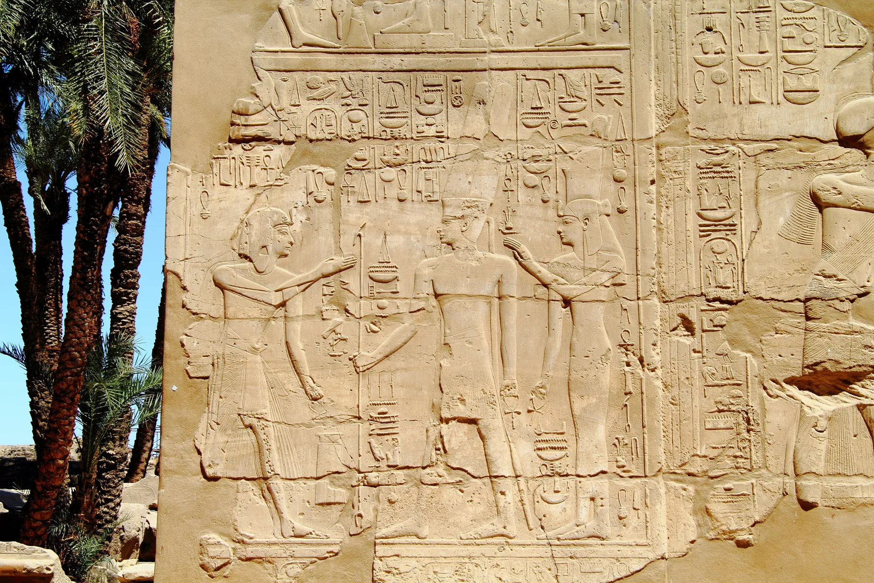 Seti I relief on a wall inside the Great Hypostyle Hall at Karnak, palms beyond.