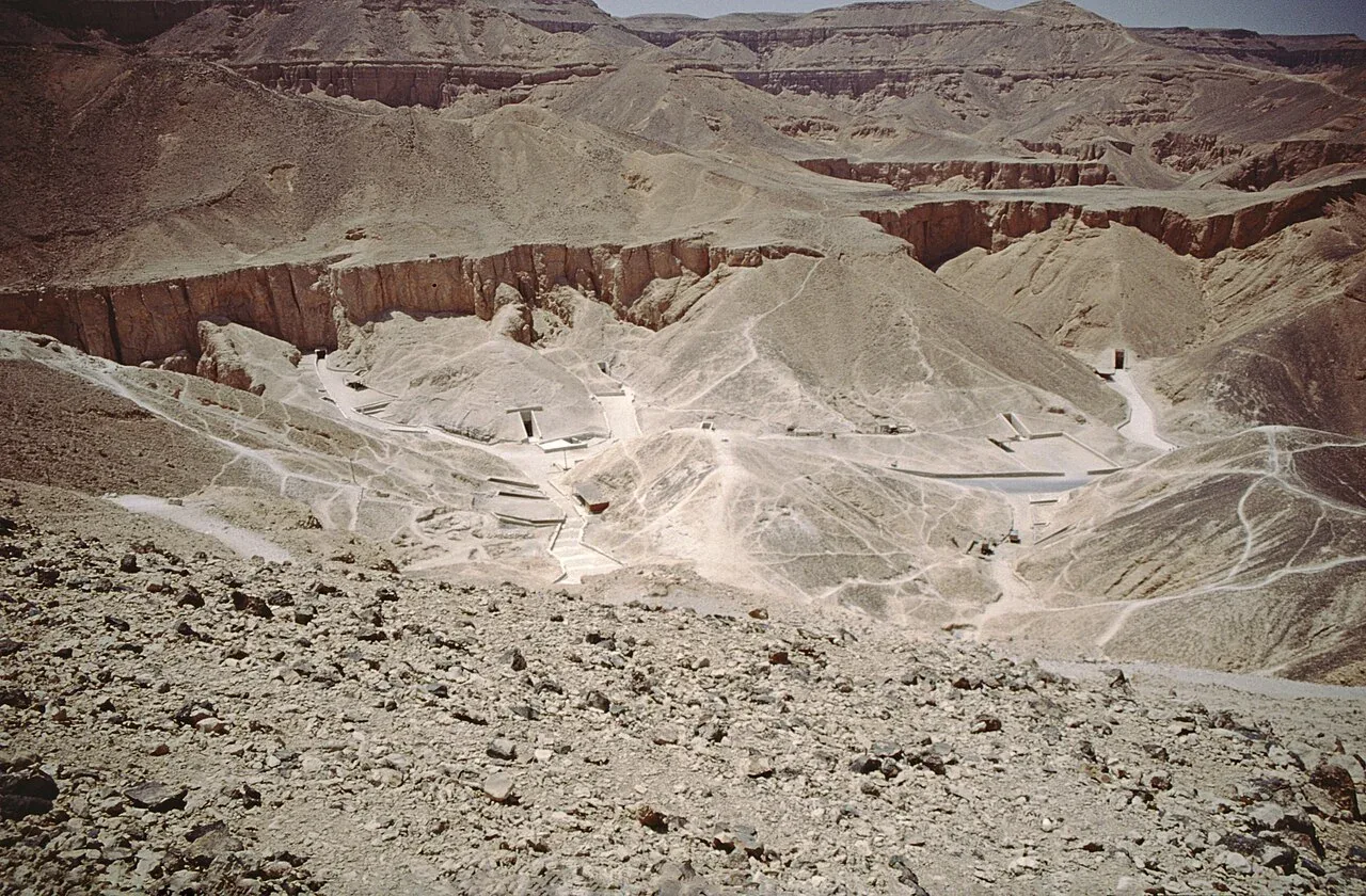 An overview of the Valley of the Kings and its desert hills.